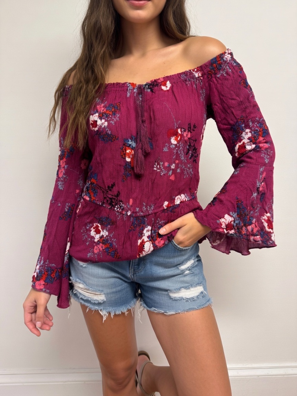 Band of Gypsies Plum Floral Off-Shoulder Peasant Top EUC Size S